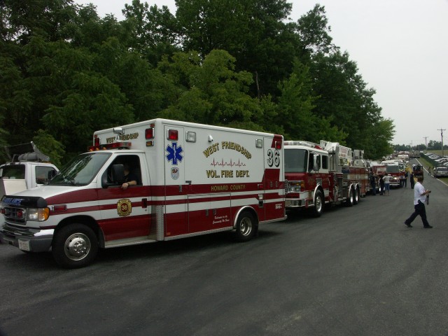 West Friendship Volunteer Fire Department - Ambulance 36, Tower 3, Tanker 3, and Engine 31 lined up for parade.